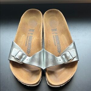 Birkenstock Silver Single-Strap Madrid Slide Sandals